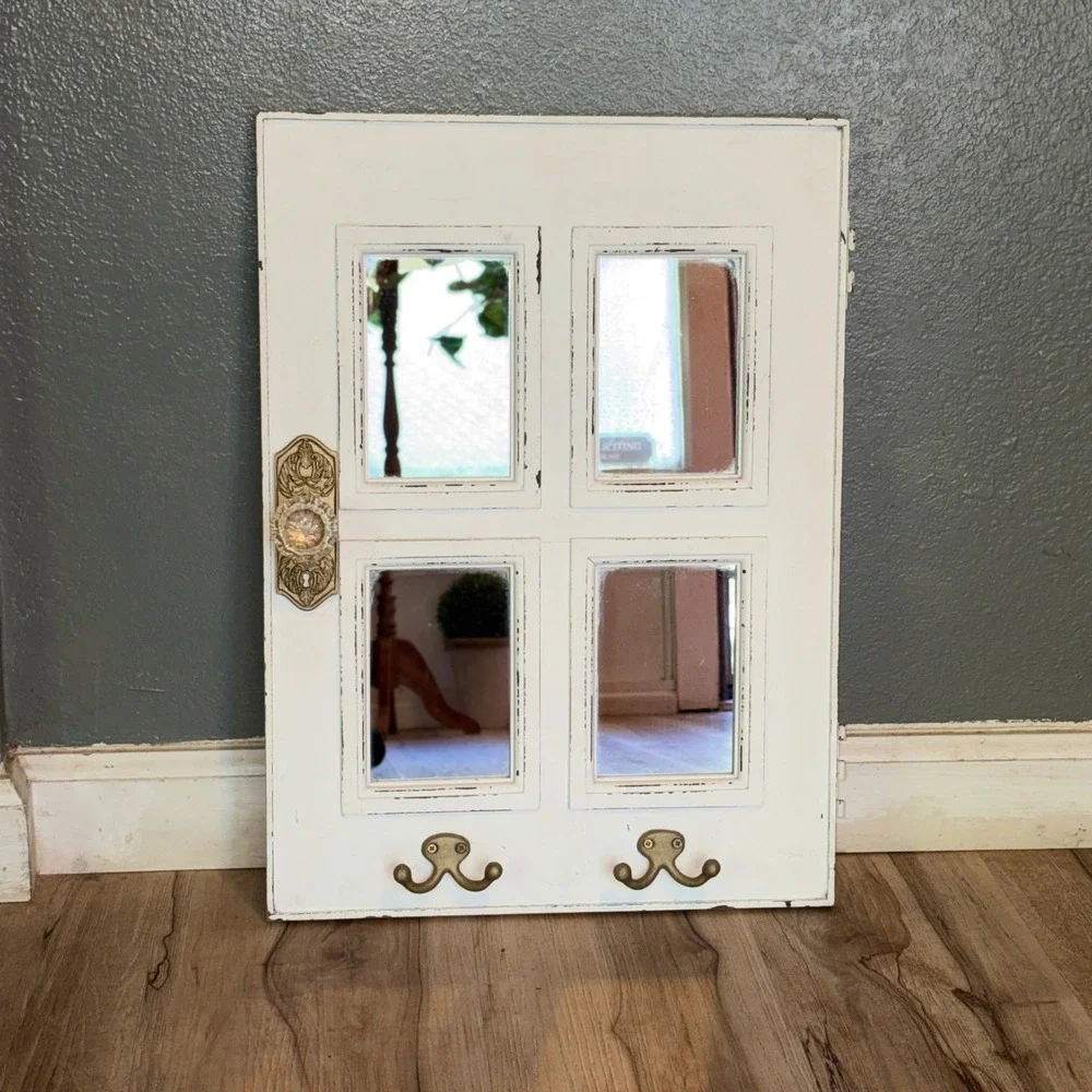 Vtg Distressed White Door Mirror Wall Hook Rack Crystal Knob Farmhouse 14.5x20
